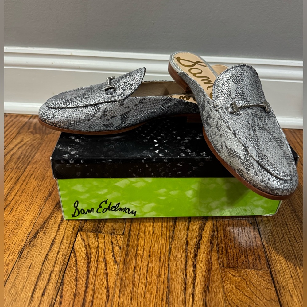 Sam Edelman silver snakeskin loafers mules flat slides
